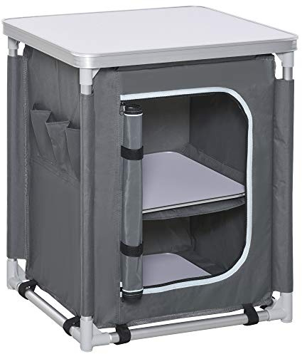 Outsunny 2-Shelf Camping Cupboard Camping Kitchen Station Cook Table Aluminum, Storage Organiser for BBQ Party Picnics Backyards with Carrying Bag