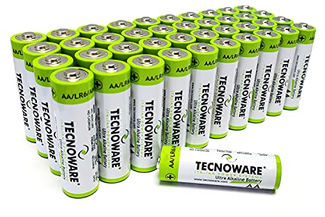 Tecnoware Power Systems - 40 Piles alcalines AA 1.5V, Énergie Fiable pour Dispositifs, Sécurité Renforcée, Longue Durée, Emballage Écologique, Piles AA,