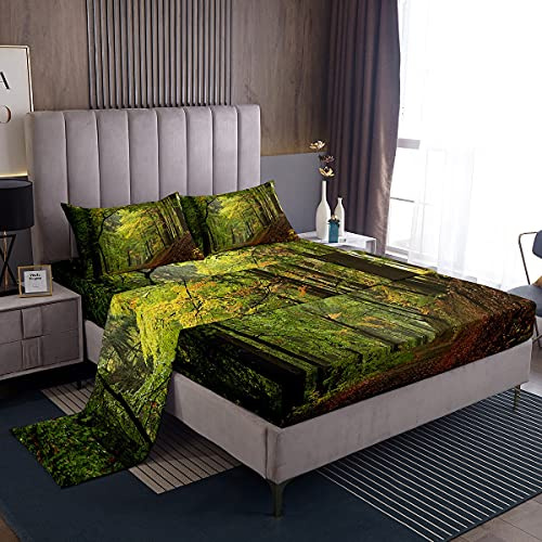 Loussiesd Juego de sábanas forestales, Juego de Ropa de Cama con Estampado de bosques, bosques, árboles de Bosque, sábanas bajeras, 3 Piezas, Incluye 1 sábana y 1 sábana encimera con 1 Funda de almoh