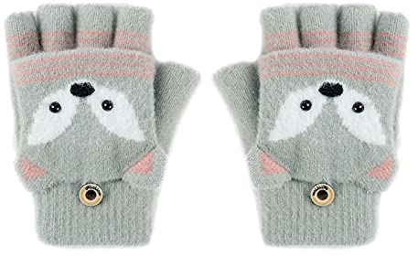 FakeFace Fäustlinge mit Knopf Klappe Fingerlose Handschuhe für Kinder Kleinkinder Winter Warm Strickhandschuhe Plüschfutter Winterhandschuhe Herbst und Winter Fingerhandschuh Unisex (Fuchs-Grün)