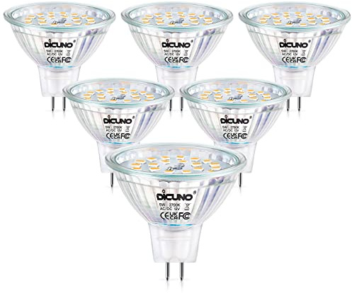 DiCUNO MR16 LED Bulbs Dimmable 50W Halogen Replacement 2700K Warm White, GU5.3 Bi-Pin Base Glass Cover 120 Degree Beam Angle 12V 5W 500 Lumens, Landscape Spotlight Track Recessed Lighting, 6 Packs