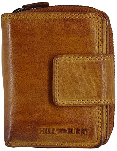 Hill Burry Damen-Geldbörse | Frauen-Portemonnaie echtes Leder Waschleder | Kleine sichere RFID Damengeldbörse | Geldbeutel viele Kredit-Karten-Fächer | Slim-Wallet Münzenfach (Tan)