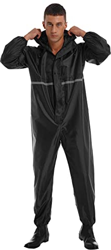 inlzdz Herren Overall Wasserdichter Regenoverall Regenmantel Reflective Reinigungsoverall mit Reißverschluss Langarm Hooded Raincoat Arbeitskleidung Schwarz 3XL