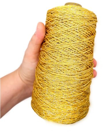 TEXTEX = Cono de Cuquillo de Lamé con Lurex. Hilo para Tricot, Croché y Ganchillo. Composición Rayón 95% y 5% Lurex. 1 Cono de 200grs y 400mts – (Oro y Oro)