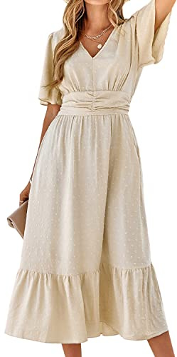 BebreezChic sommarklänning dam lång boho elegant kortärmad V-ringad hög midja swiss prick rynkade blommor strandklänning maxiklänning, Beige, S