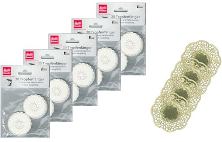 Demmler Tropfringe/Tropffänger 5er Set - Zum Abfangen von herunterlaufenden Tropfen - Farbe: Weiß - Insgesamt 150 Stück - inklusiv 4 goldenene Tassendeckchen - Made in Germany
