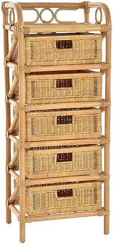 korb.outlet Rattan-Kommode mit Schubladen Badregal Korb Regal Schubfächer aus echtem Rattan 46 cm breit (Honig-Rundmaterial, 5 Schübe)