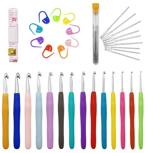 Set di 14 uncinetti a grandezza naturale, 44 pezzi, per principianti con accessori all'uncinetto, set di ganci ergonomici in gomma morbida (2,0 mm - 10,0 mm)