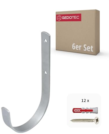 Gedotec Wandhalterung - Universal-Haken Stahl verzinkt | 6 Stück Leiterhaken gebogen 180 x 100 mm | Gerätehaken inkl. Befestigungsmaterial | Allzweckhaken aus Metall | Wandhaken zum Schrauben