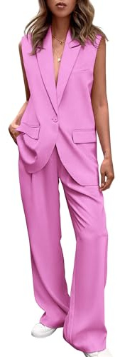 PRETTYGARDEN Women's 2 Piece Pant Suit Dressy Button Up Vest Blazer and Long Pants Set Business Casual Outfits (Pink,Large)