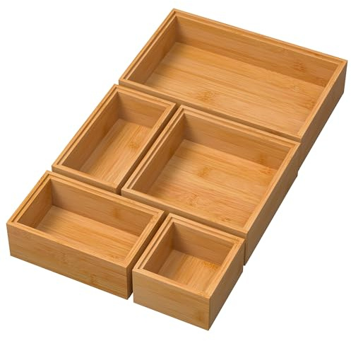 Exabang 5-teiliges Schubladen Organizer, Bambus Box Stapelbar (Natur)