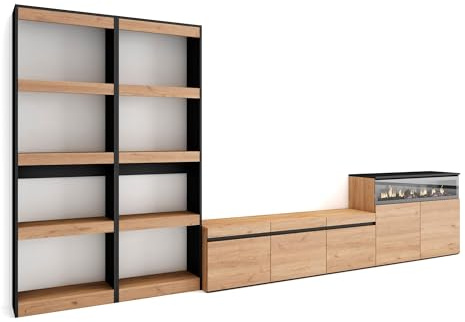 Skraut Home | Wohnwand Wohnzimmer | Wohnzimmermöbel, Möbelset | 370x186x35cm | Für TV-Geräte bis zu 65 | Elektrokamin. | Moderner Stil | Eiche Schwarz