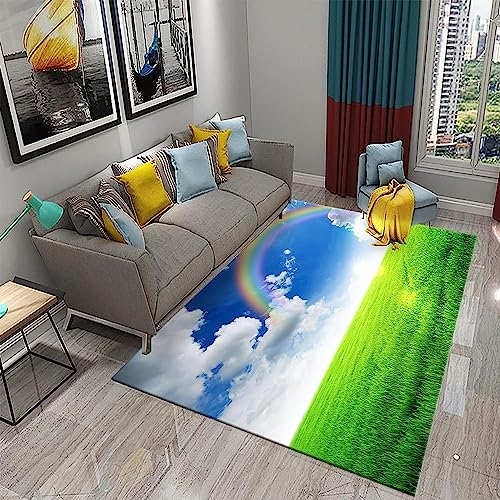 Blauer Himmel, Weiße Wolken, Regenbogenlandschaft Teppich Kinderteppich Wohnzimmerteppich Schlafzimmerteppich 3D-Gedruckter Superweicher Flanellteppich 200 X 300 cm - Leicht Zu Reinigendes, 6W6B-V1