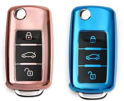 2 Stück Autoschlüssel Hülle, Schlüsselbox ,Autoschlüssel Schutzhülle kompatibel mit VW Polo, Passat, Skoda 3-Tasten Schlüsselhülle (Blau + Roségold)