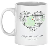 C&P Taza mapa del amor donde empezo todo, personalizada con tu ubicacion favorita, en color blanco brillo 350 ML (CORAZON COLOR)
