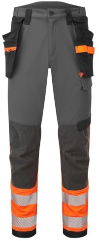 Portwest EV442 Herren-Arbeitshose mit hoher Sichtbarkeit, schmale Passform, Stretch-Stoff, Arbeitskleidung, Utility-Sicherheitshose mit Abnehmbarer Holstertasche und Kniepolstertaschen, Grau/Orange,