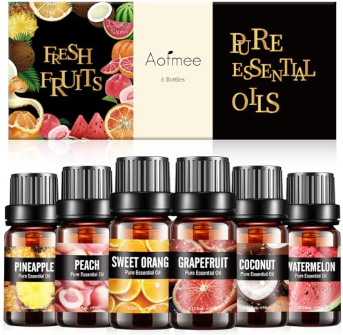Aofmee Fruity Essential Oil Set, 6 x 10ml Essential Oils for Diffuser, Humidifier, Home Fragrance Oil for Soap, DIY Candle Making Scents, Cleaning, Premium Aromatherapy Oils for Sleep