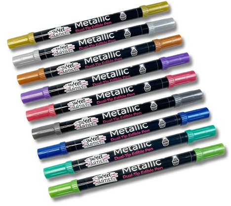 Edible Print Supplies Metallic Edible Dual-Tip Pens by Sweet Artist (EPS) - Write onto Icing Sheets, Wafer Paper, Fondant and Royal Icing with Edible Metallic Markers - Full Set of 9 Colours
