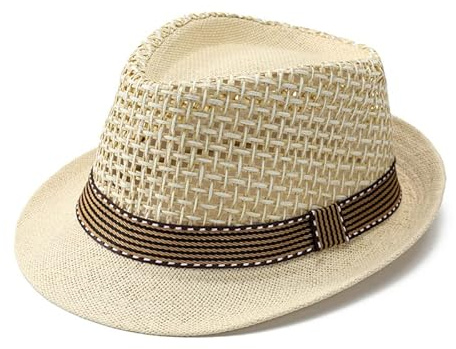 Summer Straw Fedora Hat for Men Youth Boys Packable Panama Trilby Hats Vintage Jazzy Cap Outdoor Cool Breathable Mesh Sun Hat for Travel Beach Holiday, Dad Boyfriend Gift Beige