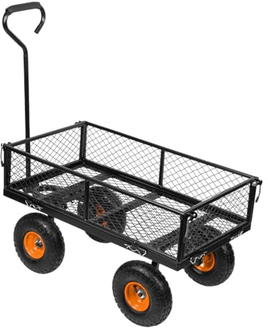 NEO TOOLS Carrello da 300 kg con griglia in metallo – Carrello di trasporto con lati pieghevoli – Telaio in acciaio – Ruote anteriori girevoli – Ruote gonfiabili da 10 pollici – Carrello da giardino –