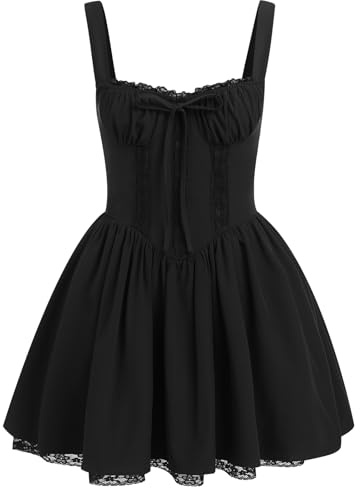 ABEHIK Women Mini Corset Dress Sexy Short Romper Summer Dresses Spaghetti Straps Low Cut Floral Lace Bustier Dress Ruffle Flowy Going Out Wedding Guest Party A Line Casual Sundress Black M