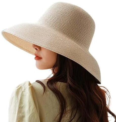 WUODHTW Sombrero de paja para mujer, de ala ancha, para verano, playa, sombrero de paja UPF para el sol, sombrero de pescador, sombrero frío