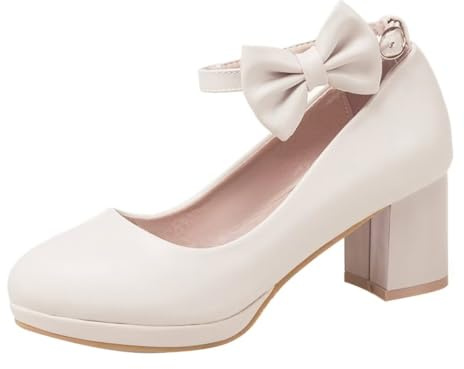 HSyc JRX Damblockklack, höga klackar, remmar, pumps med rosett, klänning, skor, Beige, 34 EU