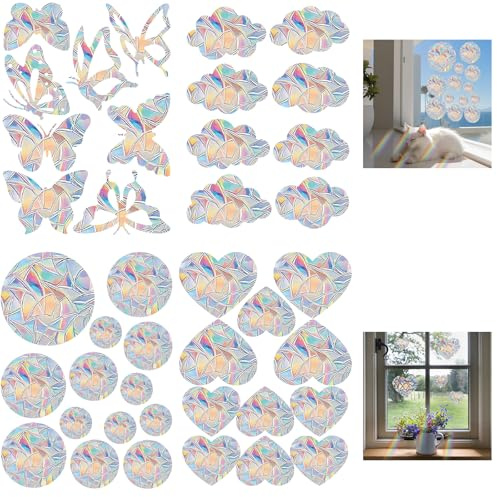 QUNXON Suncatcher klistermärken, 40 stycken PVC prisma fönsterklistermärken, elektrostatisk fönsterfilm regnbågseffekt, fönsterklistermärken fågelskydd för glasfönster, glasdörr (flerfärgad)