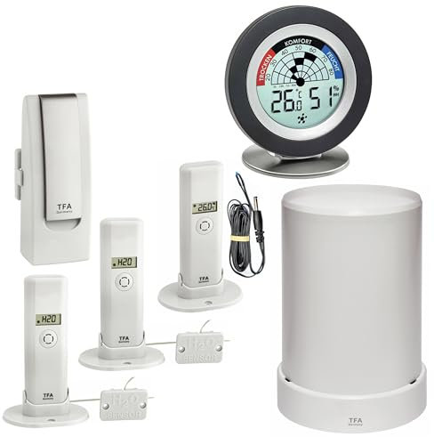 TFA Dostmann 31.4000.02.42 Überwachungsset für ihr Zuhause, Regenmesser, Thermohygro Sender mit Wassermelder und Spezial-Temperatur-Kabelfühler, Cosy Radar, WLAN-Überwachung App