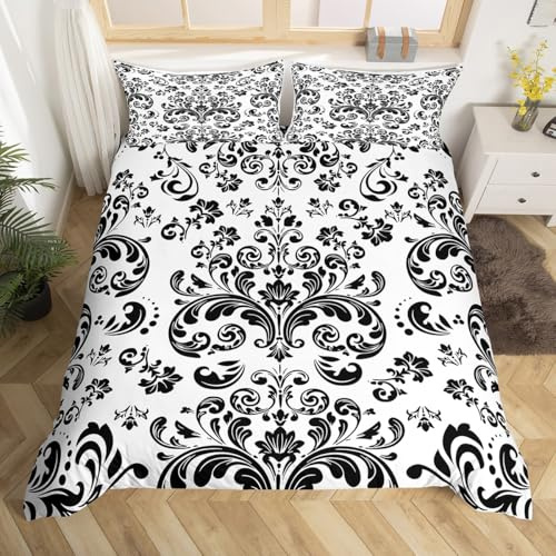 Homewish Black Damask Floral Duvet Cover Super King Bohemian Black White Gothic Comforter Cover Goth Exotic Boho Bedding Set For Kids Boys Adults Men Vintage Victorian Flower Bed Set 3 Pcs