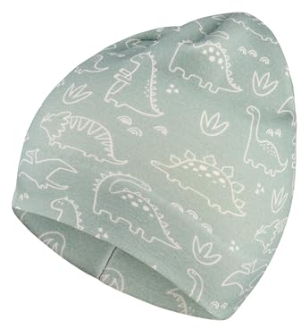 Sterntaler Beanie aus Sweat mit Flauschiger Rückseite und Saurier-Print – Jungen – weich und pflegeleicht – Mütze für Baby und Kinder, steingrün, Größe 51