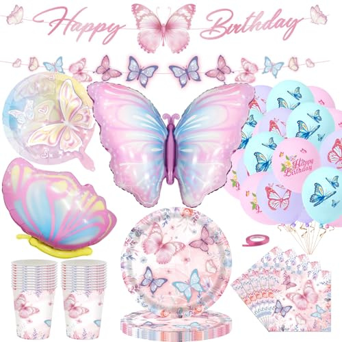 Schmetterling Geburtstagsdeko,80stück Schmetterling Party Deko Zubehör Geschirrset Rosa,Luftballons Geburtstag Pappteller Folienballon Servietten Partygeschirr