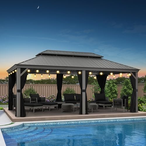 PURPLE LEAF Alu Pavillon 3.65 x 6 m Wasserdicht Stabil Winterfest Gartenpavillon mit moskitonetz Hardtop Pavillon mit 21.9 m 36 LED Licht, Hellgrau