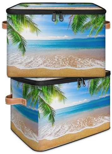TropicalLife Caja de almacenamiento plegable de tela con diseño de hojas de palma, con tapa de cremallera, para dormitorio, hogar, guardería, juguetes, ropa, juego 1