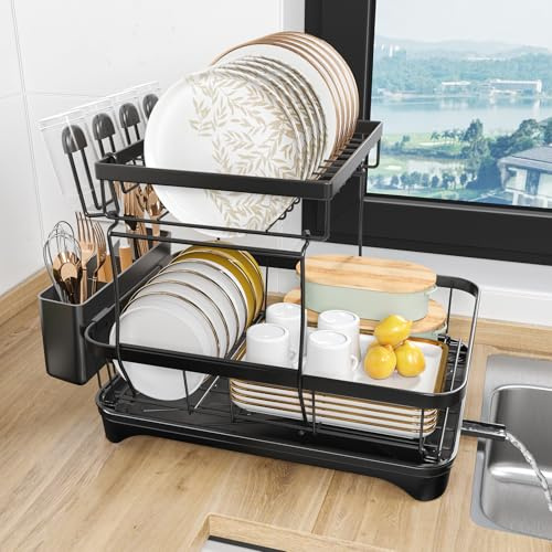 HOMEAILIE Dish Drying Rack, 2-Tier Large Dish Drying Rack for Kitchen Counter – Space Saving Dish Drainer Organizer with Utensil Holder and Cutlery Tray, Black