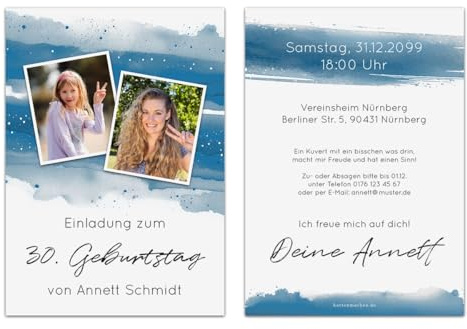 Personalisierte 10-100 Stück Foto Einladungskarten zum Geburtstag „Foto Aquarell“ DIN A6, dickes 300g/qm Papier, Farbe anpassbar, Briefumschläge optional