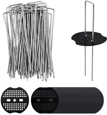 50 Weed Membrane Pegs + 50 Buffer Washer, Artificial Grass Pegs Set, Heavy Duty Metal Ground Pegs Set for Securing Lawn Artificial Grass, Weed Barrier Cover, and Garden Landscape