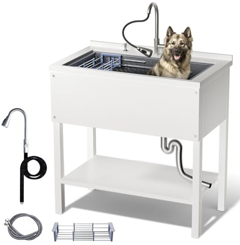 PURRPAXZ 36 Stainless Steel Utility Sink, Heavy Duty Commercial Sink with Cold and Hot Water Faucet, Drain Basket, Freestanding Single Bowl Black Utility Sink for Garage, Kitchen, Laundry Room, White