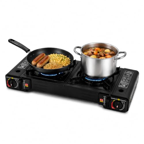 Tragbarer Tischgrill Gas, 2-Flammig Campingkocher, Outdoor Camping Gas Kocher Grillplatte Tischgrill Koffer Gasgrill, Gaskocher Für Innenräume Gaskocher (A1 Grill)