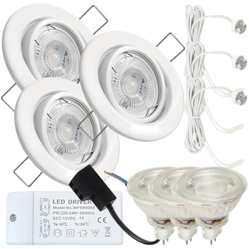 3er Set LED Einbaustrahler 12V – schwenkbar, 3W MR16, neutralweiß (4000k, 250 lm), inkl. Trafo & 120 cm AMP-Kabel, 55 mm Einbautiefe, für 65–75 mm Bohrloch, IP20 – für Decken im Wohnraum, Flur, Küche.