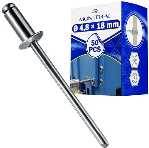 Juego de 50 Piezas Remaches Aluminio Ø 4,8x18 mm - Orificio para Montaje Ø 5 mm Rango de Sujeción 12,5-14,5 mm - Remaches Fabricados en Aluminio y Acero - MONTERAL
