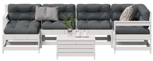 Kaloriko 7-TLG. Trädgårdslounge-set, vitt massivt trä furu, utomhusmöbler med kudde, modulär design för terrass, balkong