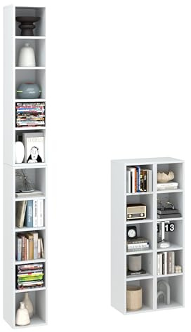 Xinyvee CD Regal schmal Weiß Hochglanz 10 Fächer 20 x 17 x 200 cm Standregal für CDs DVDs schmales Bücherregal