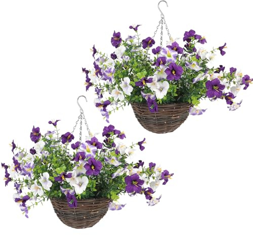 XLSBZ Artificial Hanging Baskets 2 Pack, Home Decoration Silk Flowers Plant DIY Chain Fake Flowers Hanging Basket Outdoor for Garden Porch Patio Balcony - UV Resistant (White&Purple)