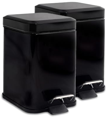 Harbour Housewares 3L Bathroom Bins - Black - Pack of 2 - Square Stainless Steel Pedal Bin Slim Kitchen Rubbish Trash Can Garbage Dustbin with Lid and Inner Liner Bucket