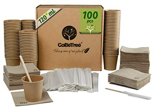 100 Vasos de café Desechables Kraft para café expreso de 120 ml con agitadores de Madera en Funda de Papel para café y servilletas recicladas