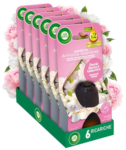 Airwick Lot de 6 recharges pour diffuseur d'huiles essentielles d'harmonie instantanée, pour diffuseur d'huiles essentielles parfumées pour environnements à la fragrance de pivoine et de jasmin