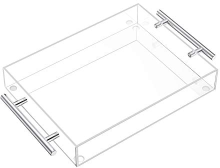 Richboom Clear Acrylic Serving Tray 16x12 - Coffee Table Living Room Kitchen Decorative Tray with Silver Metal Handles, Bathroom Vanity Tray Perfume Cosmetic Storage Organizer