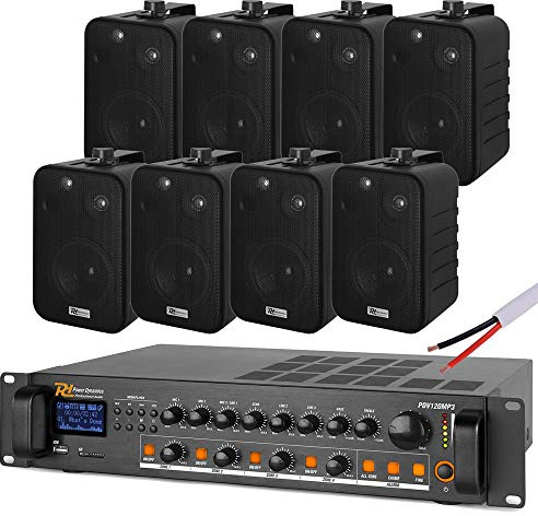 Power Dynamics 4-Zone Wall Mount PA Speaker System with Amplifier, 8x 4 Inch Black Speakers, Bluetooth Mixer Amplifier & 100m Cable for Restaurant, Retail, Café Music