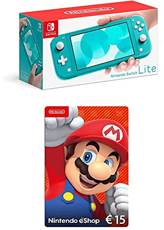 Nintendo Switch Lite, Standard, türkis-blau + Nintendo eShop Card | 15 EUR Guthaben | Download Code